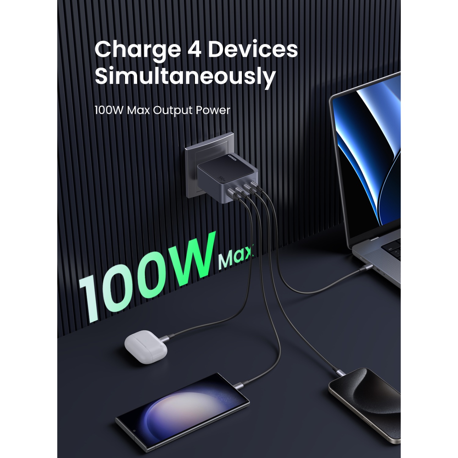 UGREEN Nexode 4 Port PD/USB Wall Charger 100W - Grey & Black - Image 5