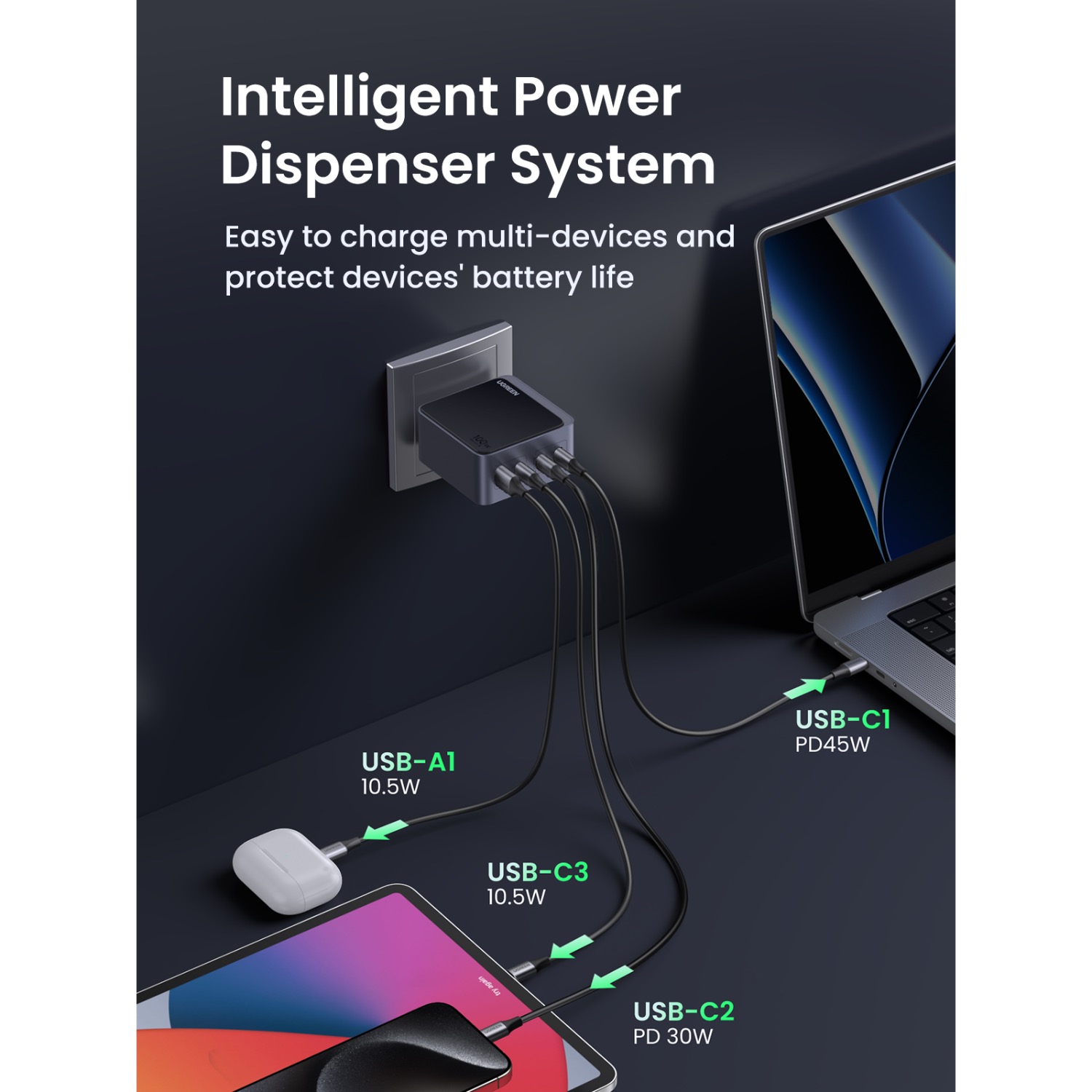 UGREEN Nexode 4 Port PD/USB Wall Charger 100W - Grey & Black - Image 6