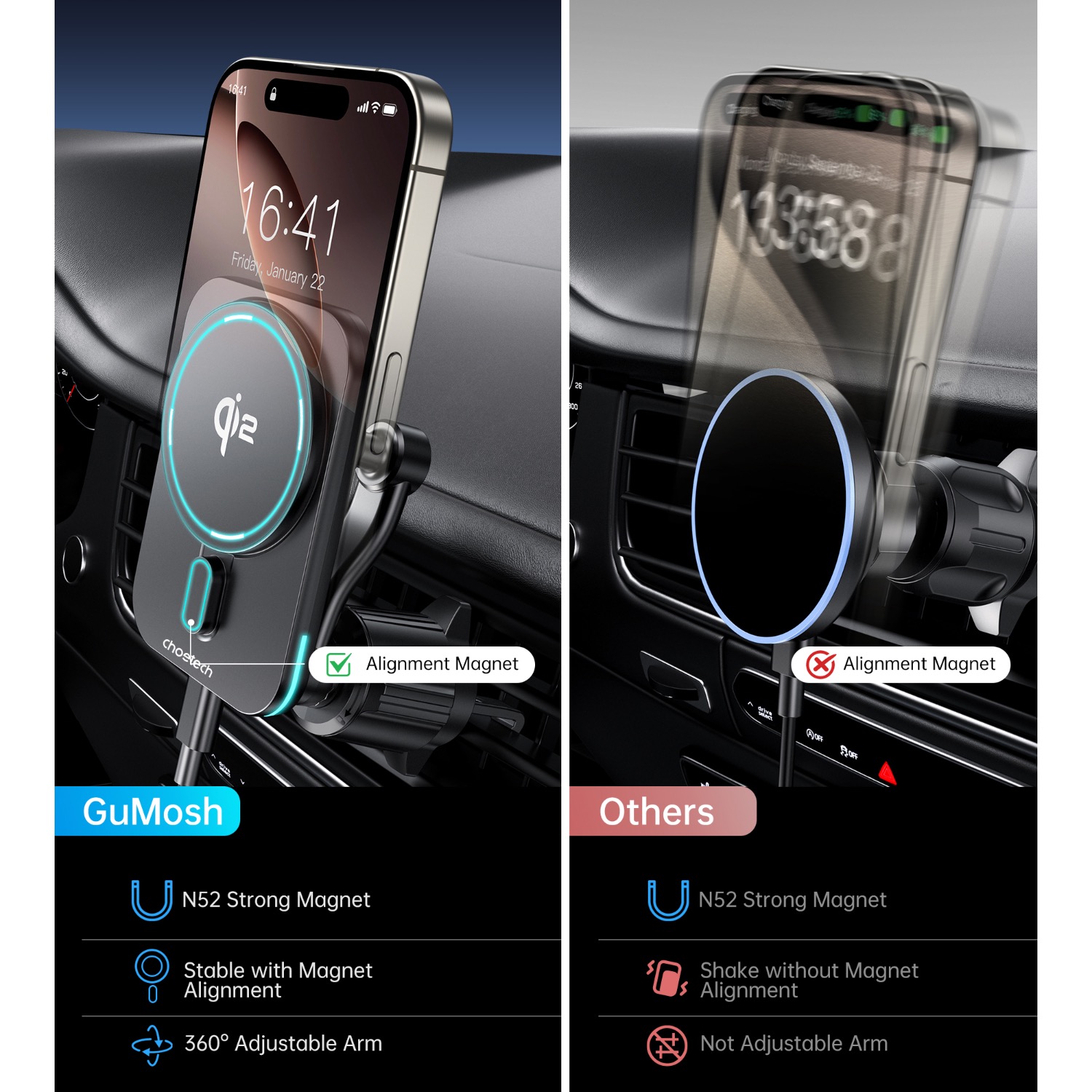 Choetech Magnetic Wireless Car Charger T231-F 15W - Black - Image 6