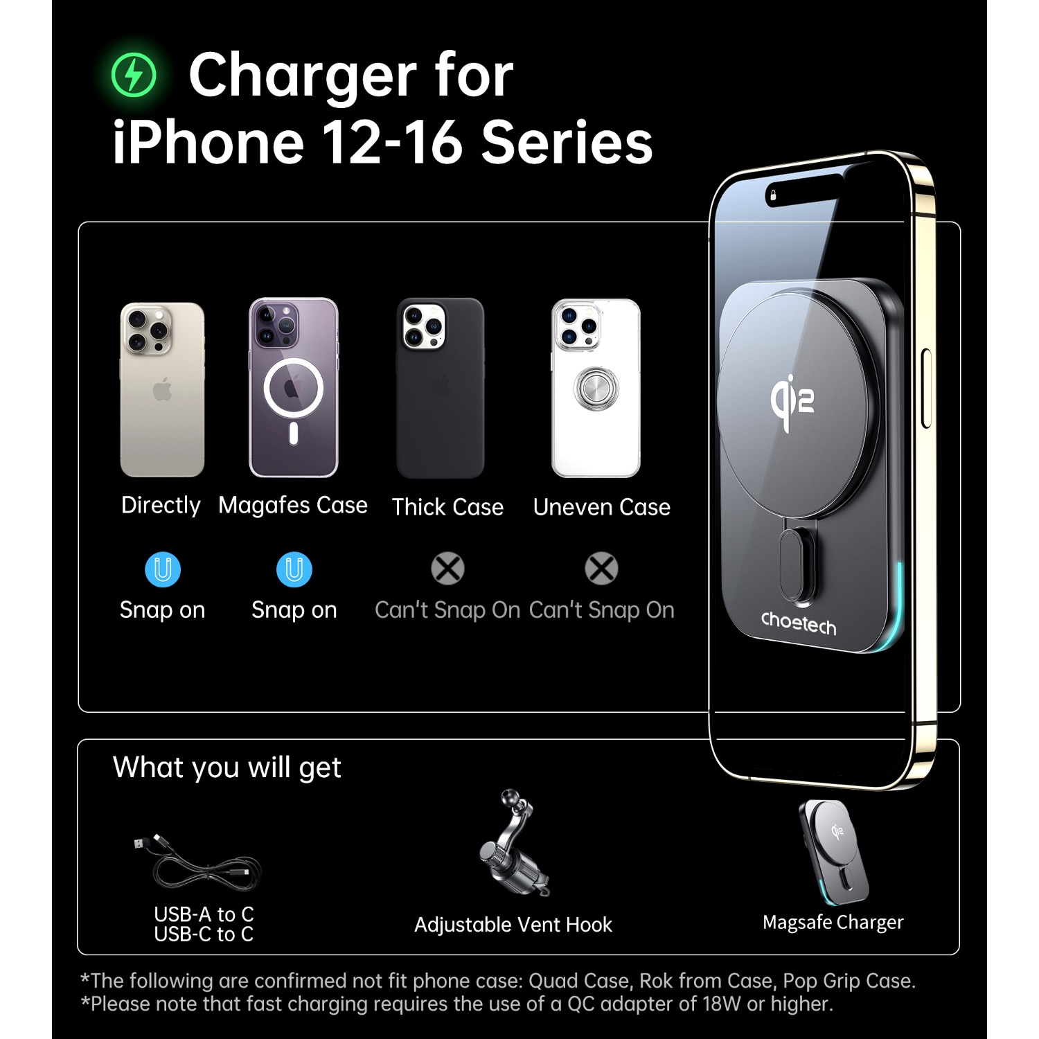Choetech Magnetic Wireless Car Charger T231-F 15W - Black - Image 9
