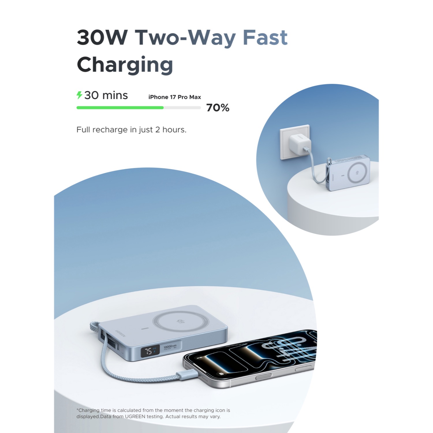 UGREEN Magnetic Wireless Power Bank With Built-in Cable 10000mAh - Blue - Image 11