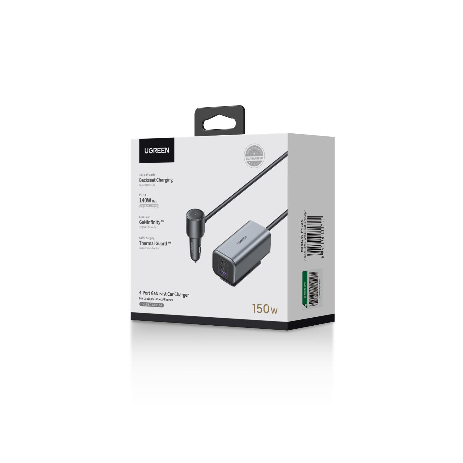 UGREEN GaN 4 Port Car Charger 150W - Grey & Black - Image 12