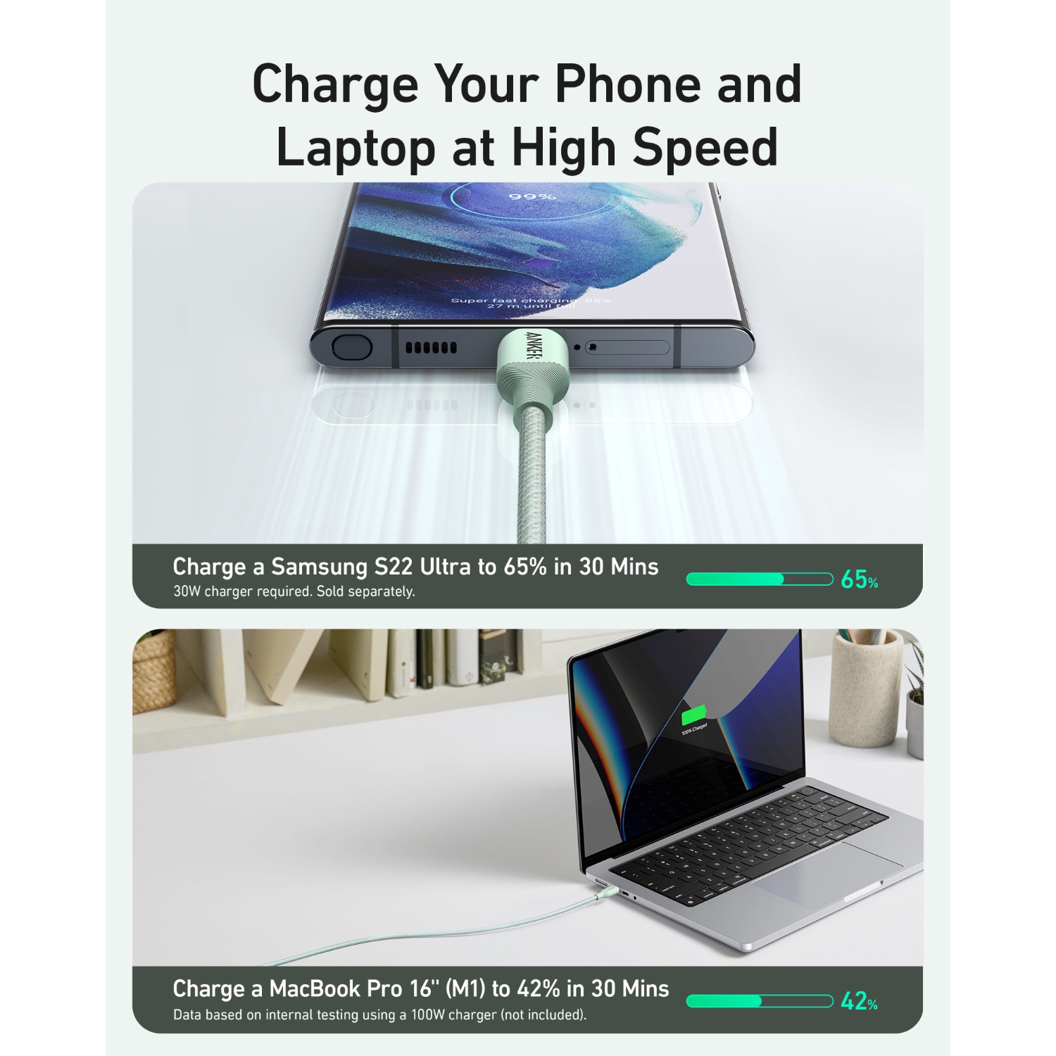 Anker 544 Bio-Based USB C-USB C Cable Fast Charging 140W 0.9M Cable - Green - Image 48