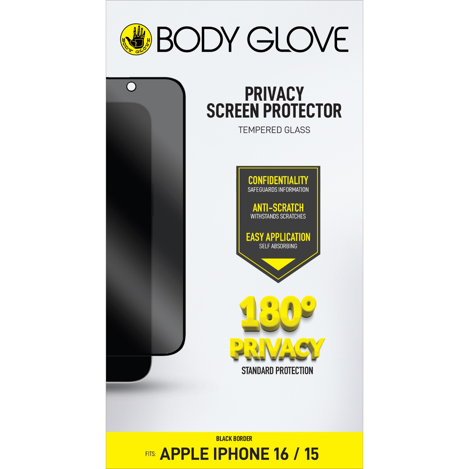 Body Glove Privacy Tempered Glass Screen Protector - Apple iPhone 16 / iPhone 15 - Black Border - Image 30