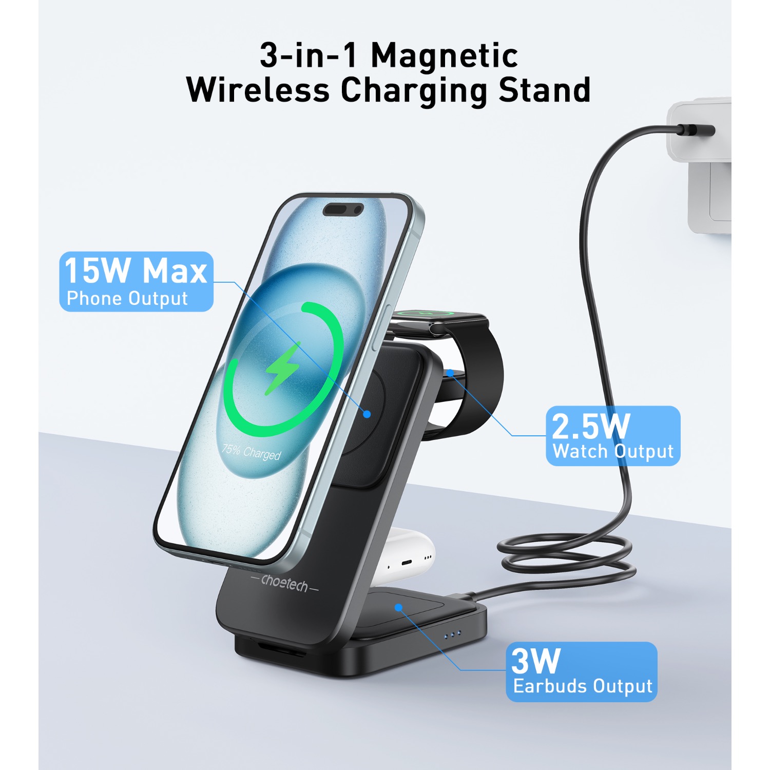 Choetech Fast Wireless 3 In 1 Magnetic Charging Stand T611-F 15W - Black - Image 56