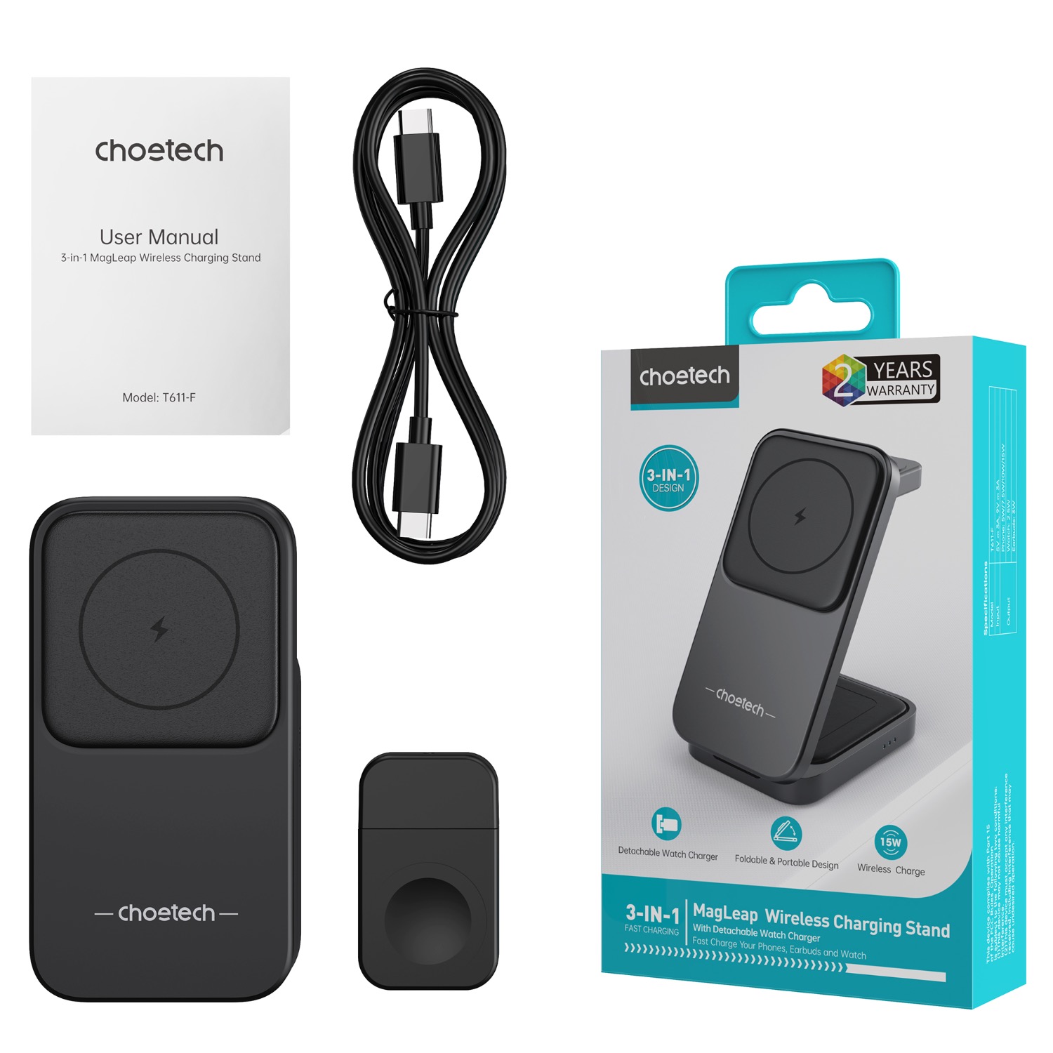Choetech Fast Wireless 3 In 1 Magnetic Charging Stand T611-F 15W - Black - Image 114
