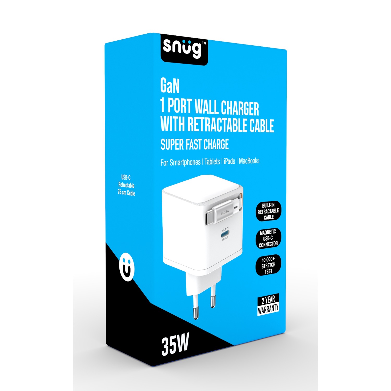 Snug 1 Port PD Charger With Retractable Cable - 35W - White - Image 30