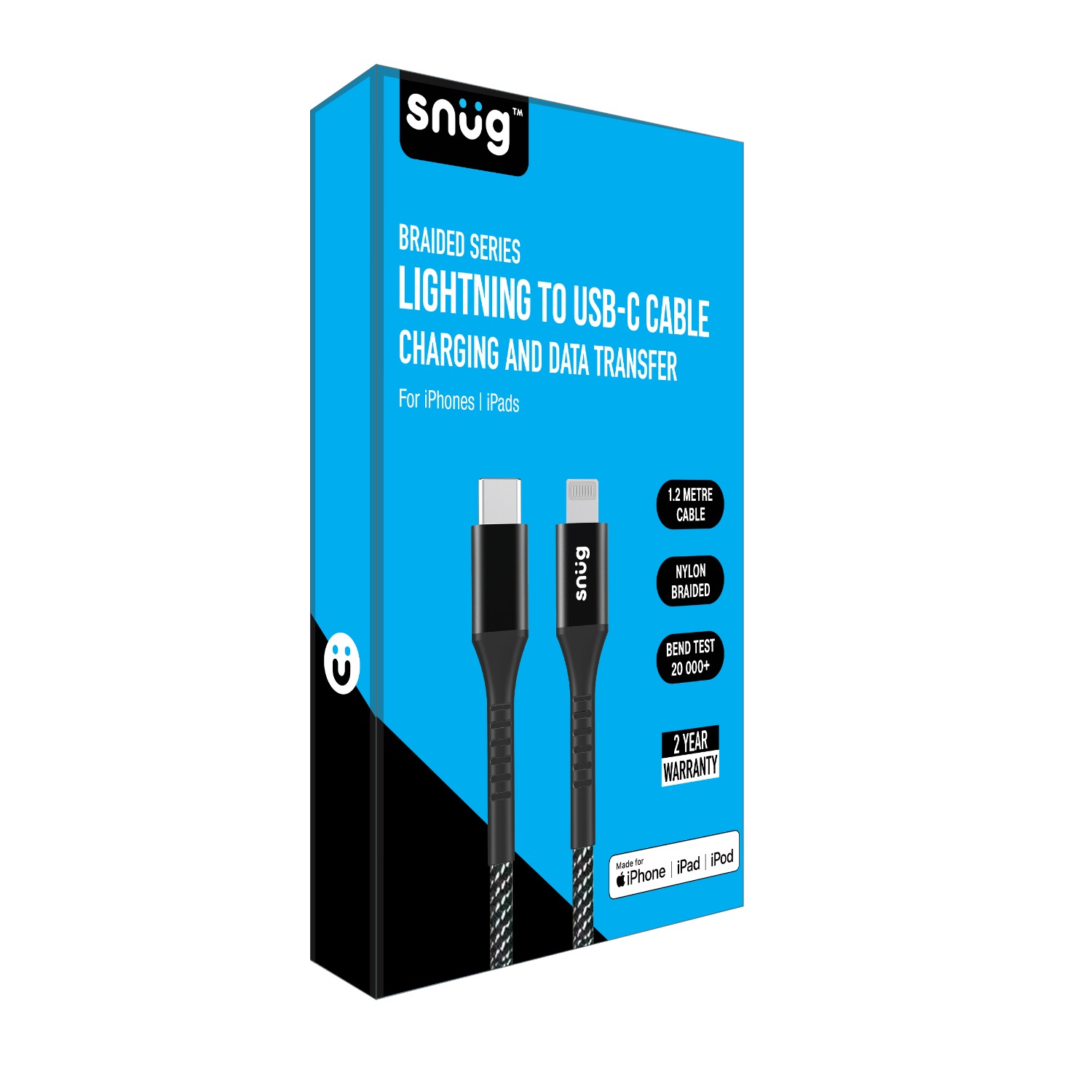 Snug Type-C To MFI Nylon Braided Cable 60W - 1.2 Metre - Black/Silver - Image 32
