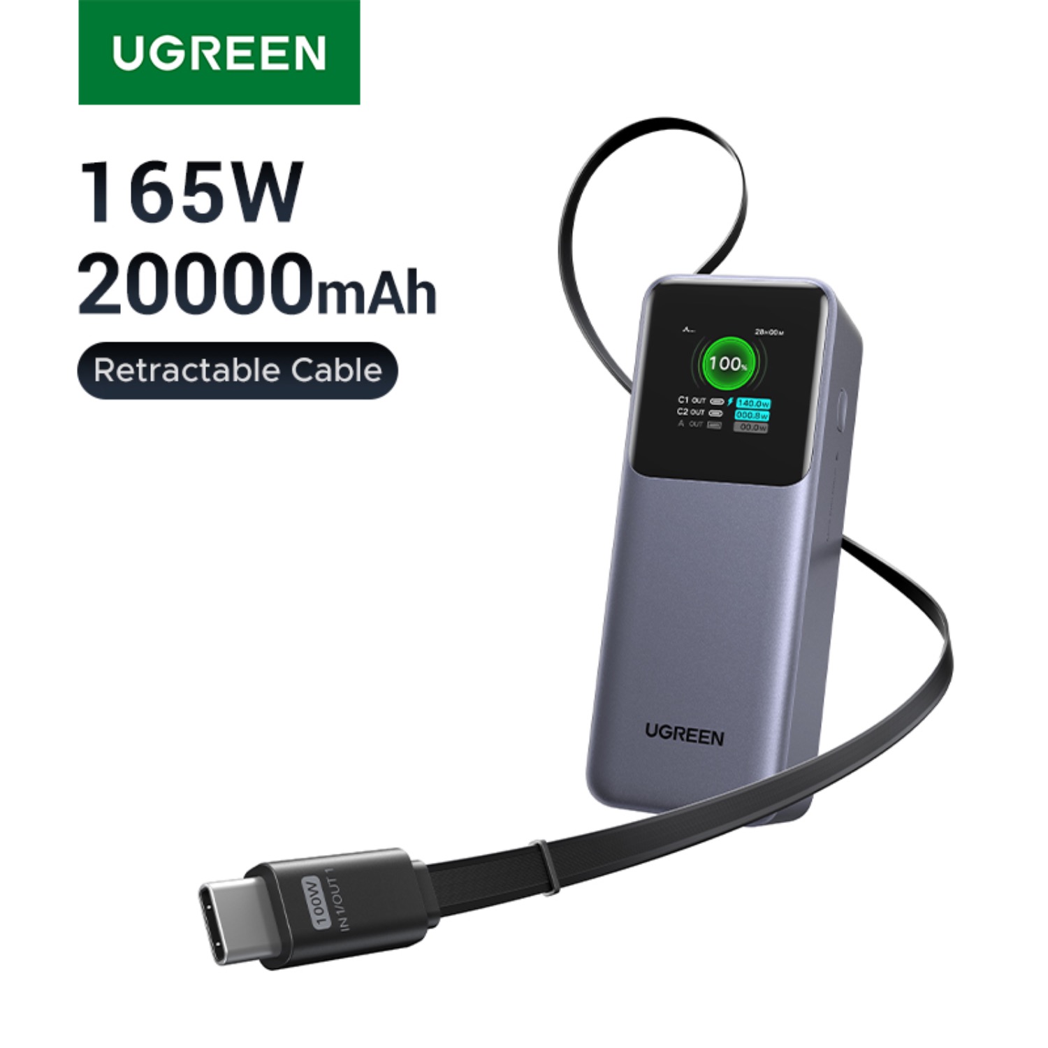 UGREEN Power Bank With Retractable Cable 165W - Grey - Image 69