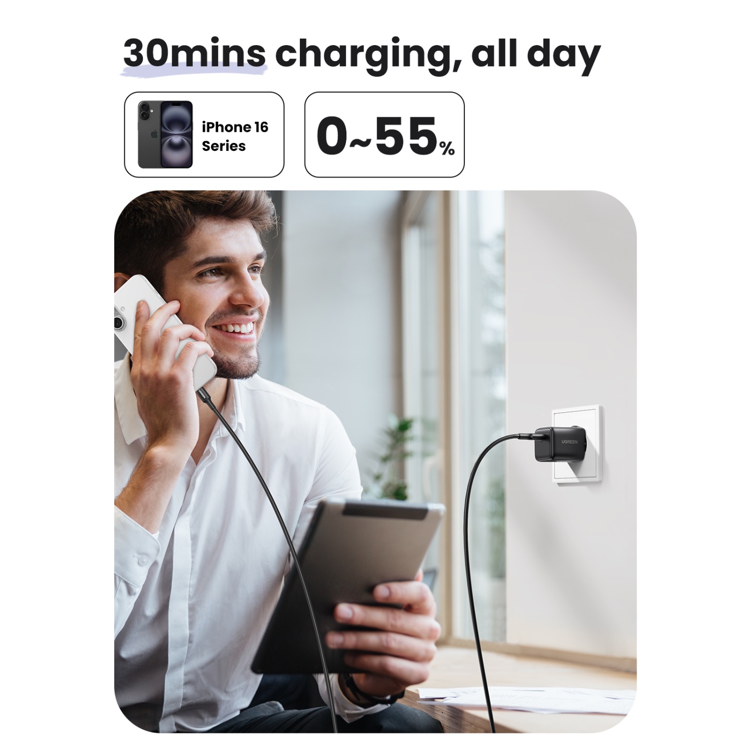 UGREEN 1 Port PD Wall Charger With Cable - 30W - Black - Image 73