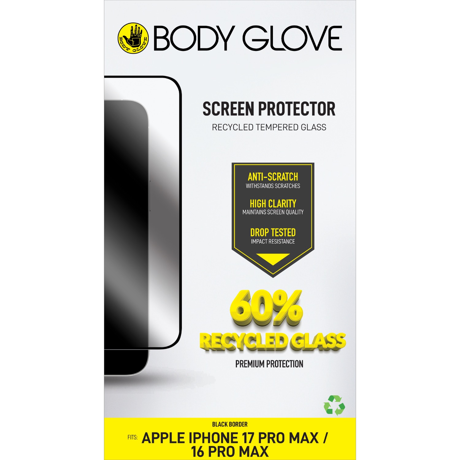 Body Glove Recycled Tempered Glass Screen Protector - Apple iPhone 17 Pro Max/16 Pro Max - Black Border - Image 53