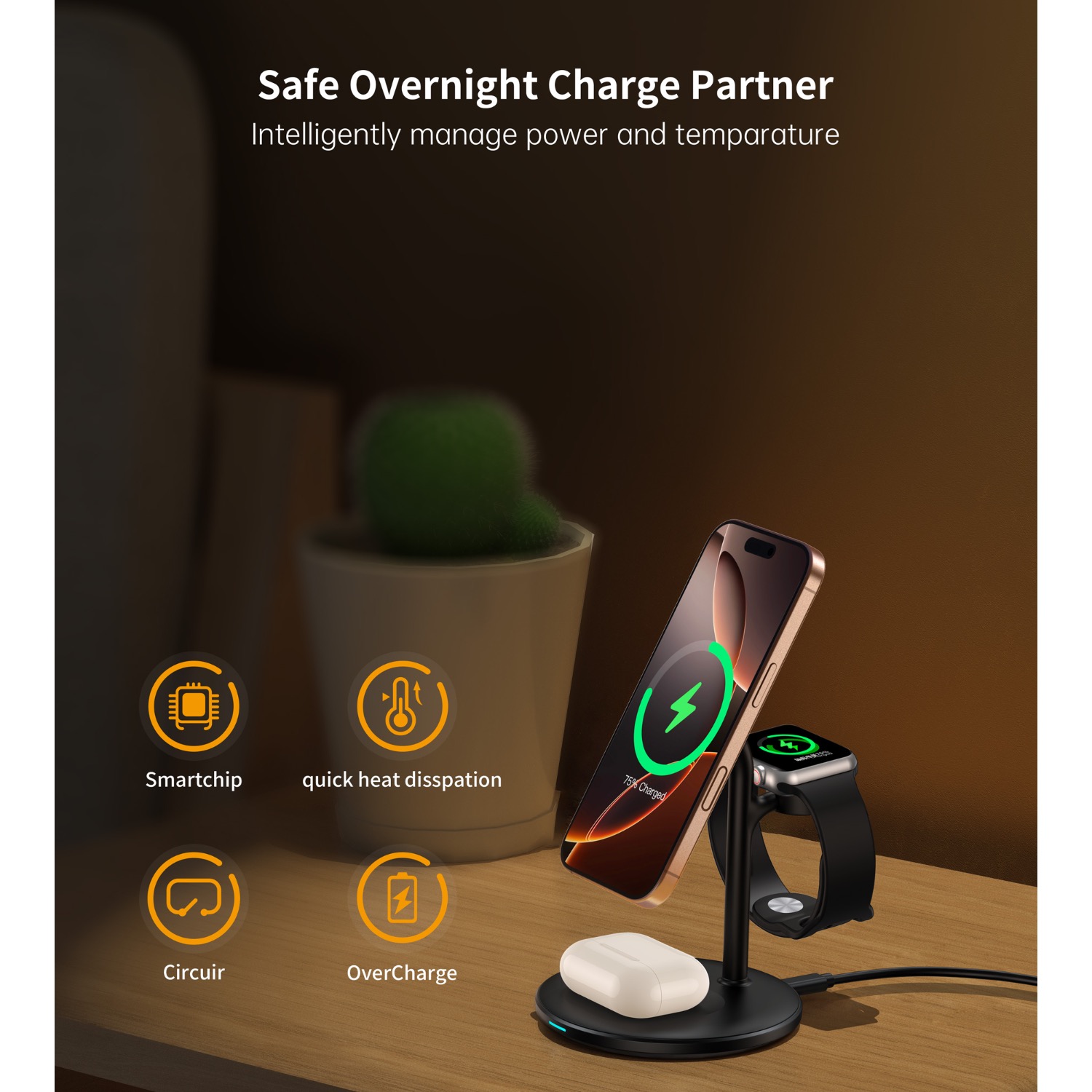 Choetech Fast Wireless 3 In 1 Magnetic Charging Stand T585-F 15W - Black - Image 156