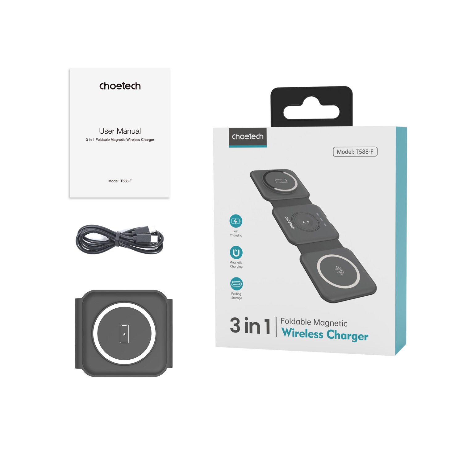 Choetech Foldable 3-in-1 Magnetic Wireless Travel Charger T588-F 15W - Black - Image 135