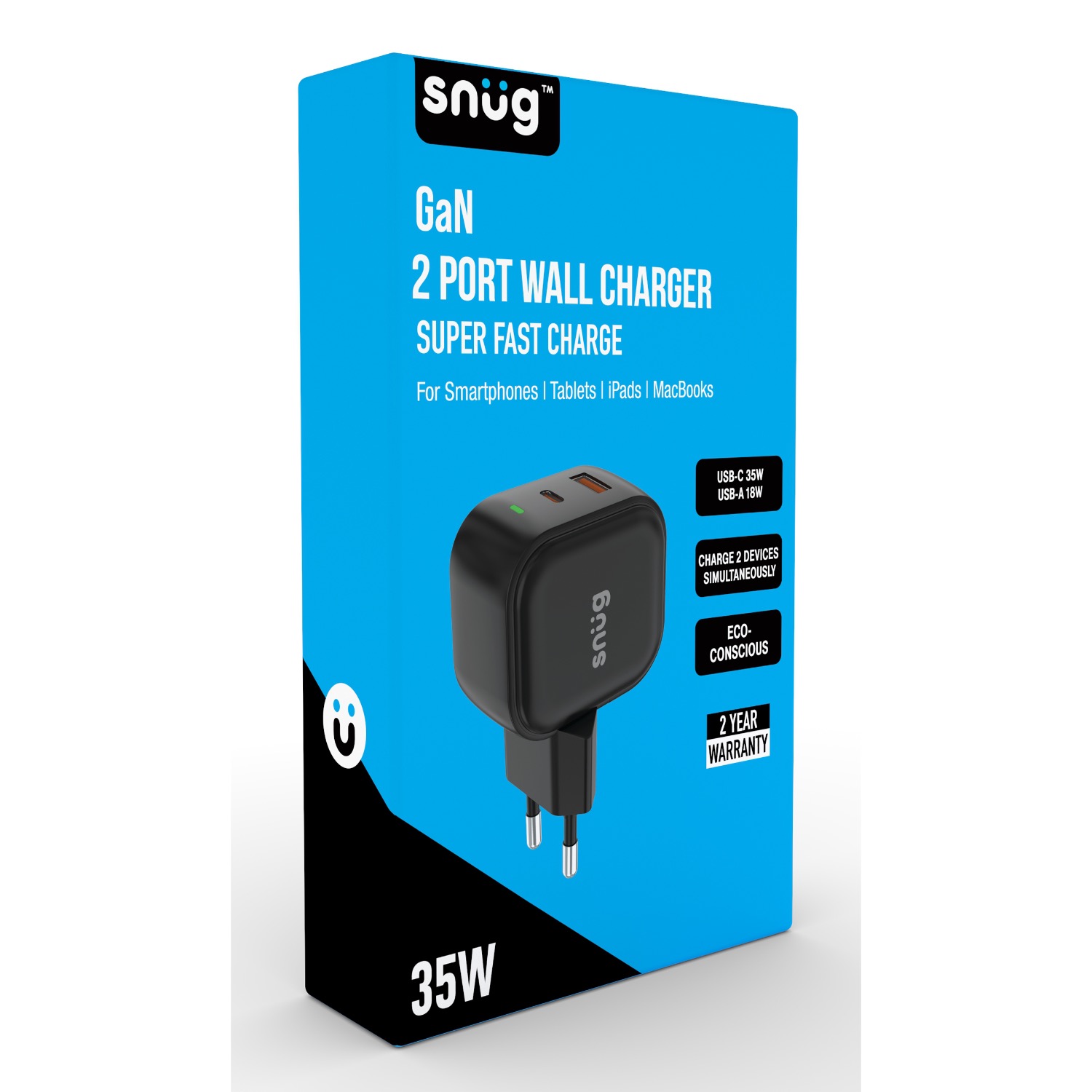 Snug 2 Port USB/Type C Wall Charger 35W - Black - Image 4
