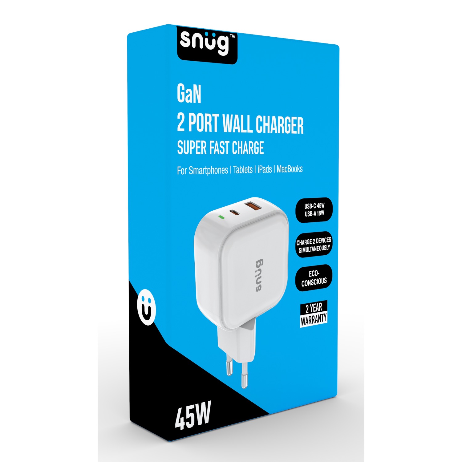 Snug 2 Port USB/Type C Wall Charger 45W - White - Image 8