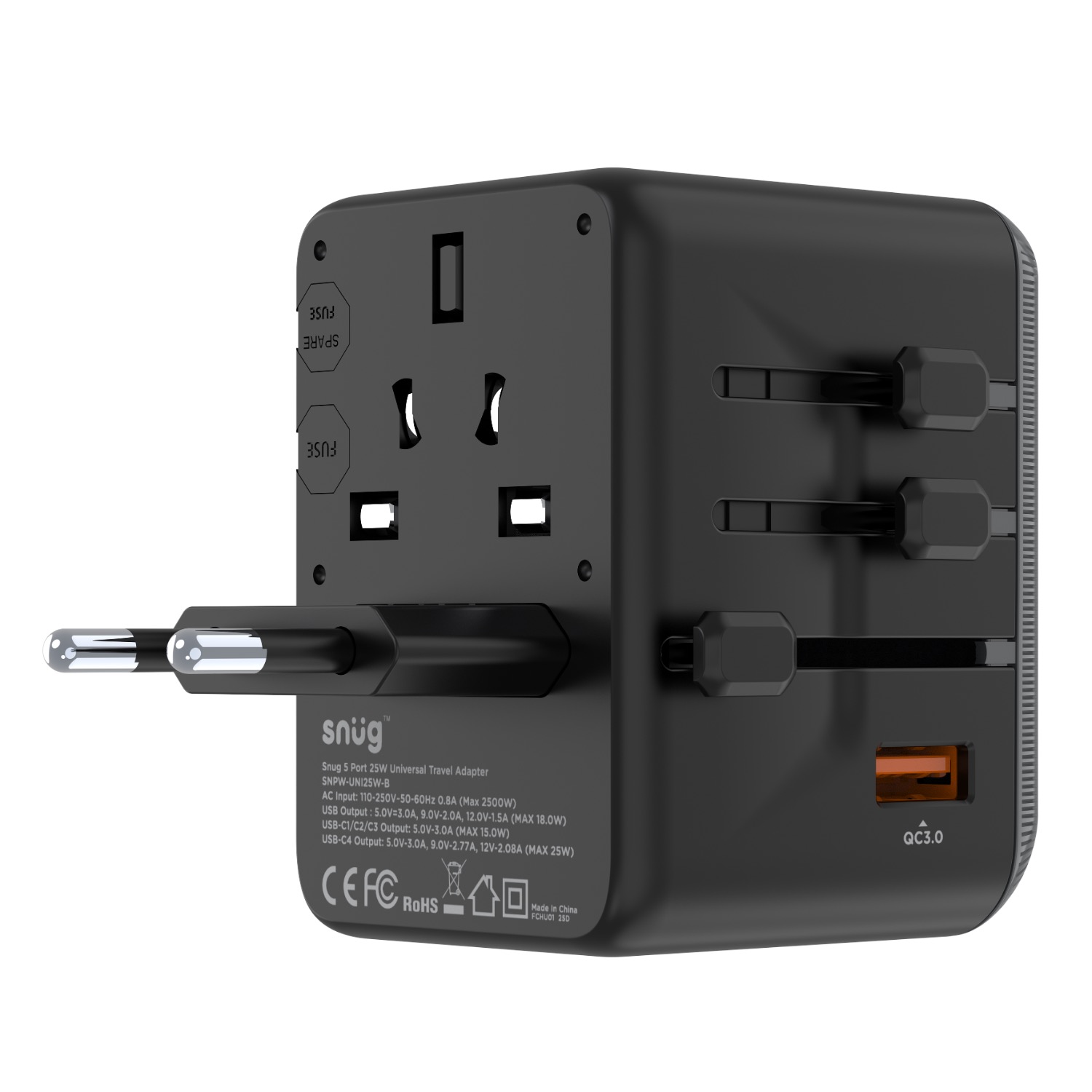 SNUG 5 Port Universal Travel Adapter - 25W - Black - Image 17
