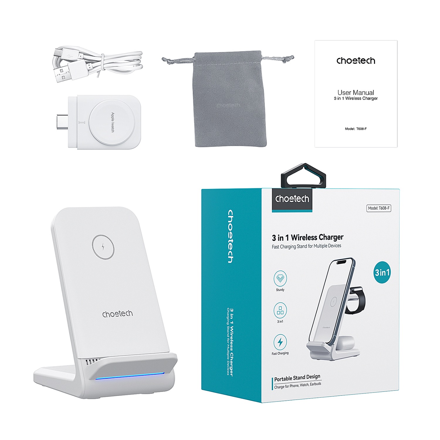 Choetech Fast Wireless 4 In 1 Magnetic Charging Stand T608-F 15W - White - Image 141