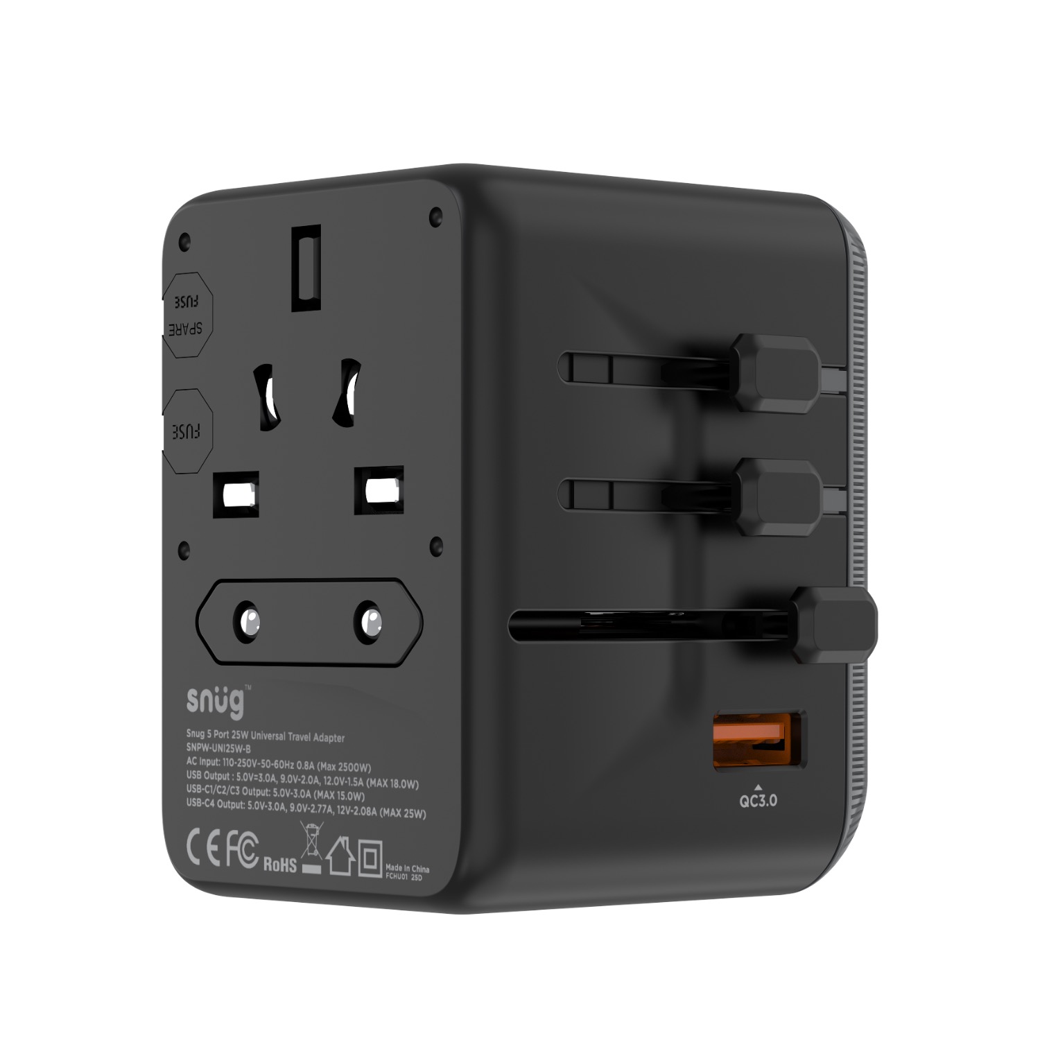 SNUG 5 Port Universal Travel Adapter - 25W - Black - Image 19