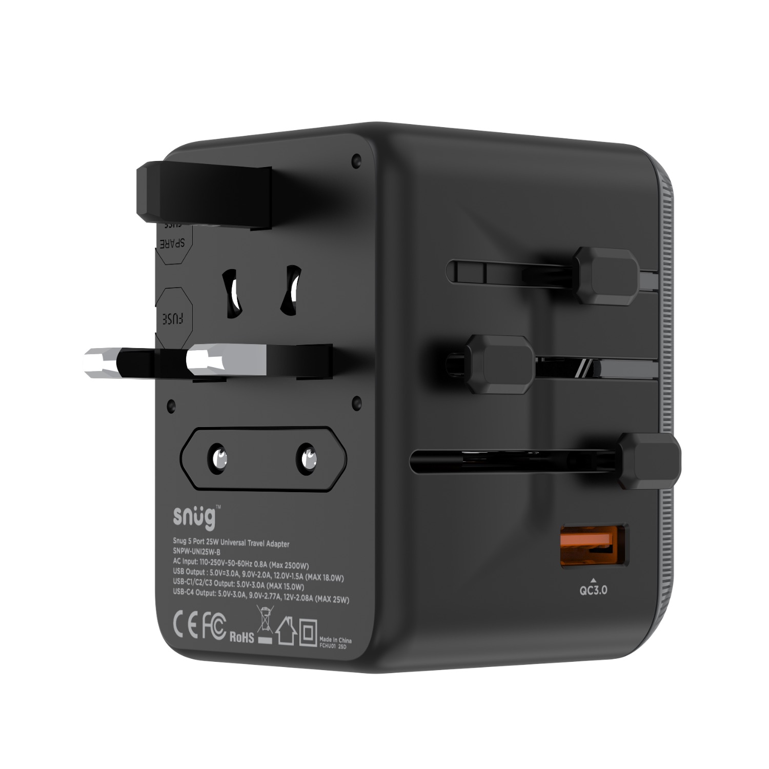 SNUG 5 Port Universal Travel Adapter - 25W - Black - Image 28