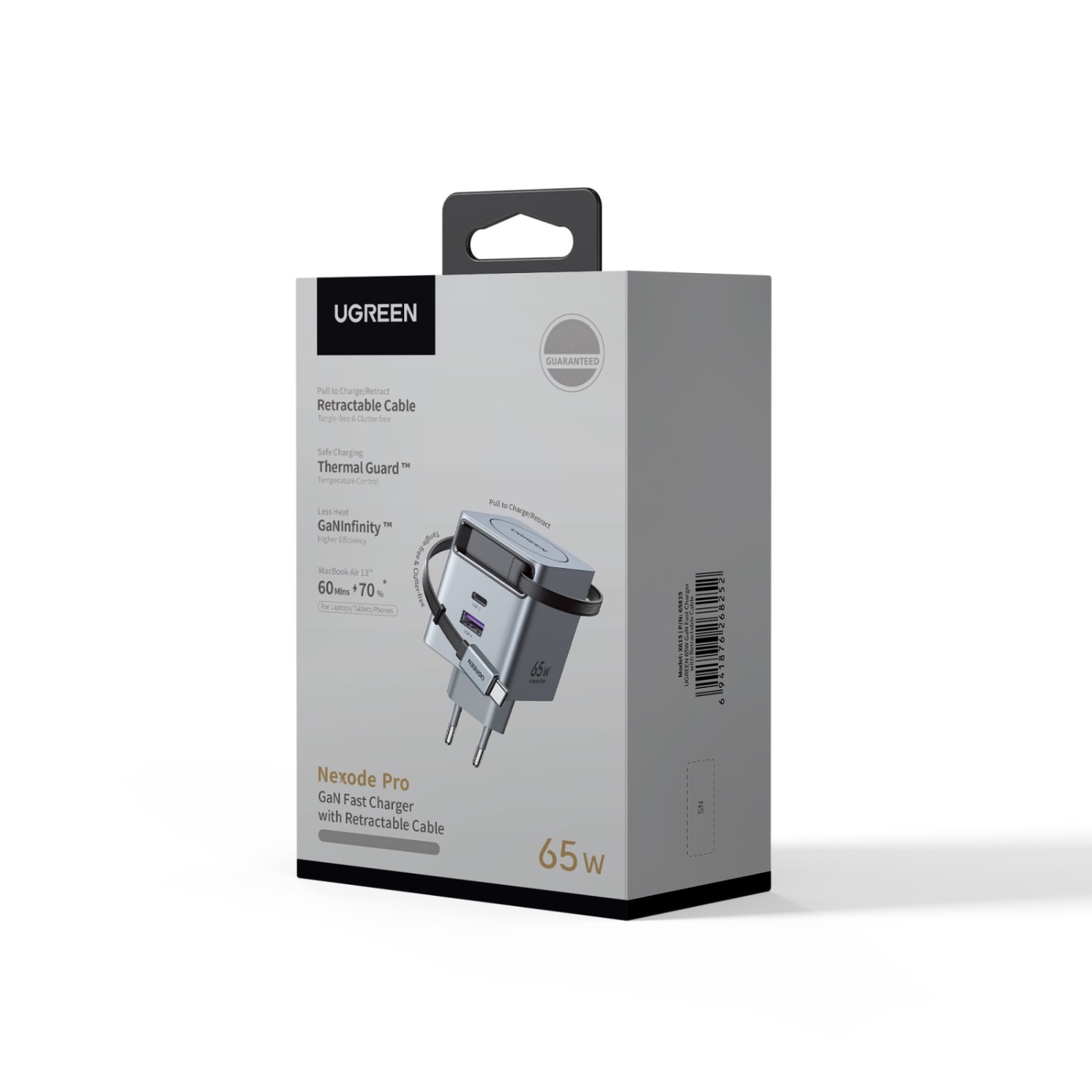 UGREEN 2 Port Wall Charger With Retractable Cable 65W - Grey - Image 4