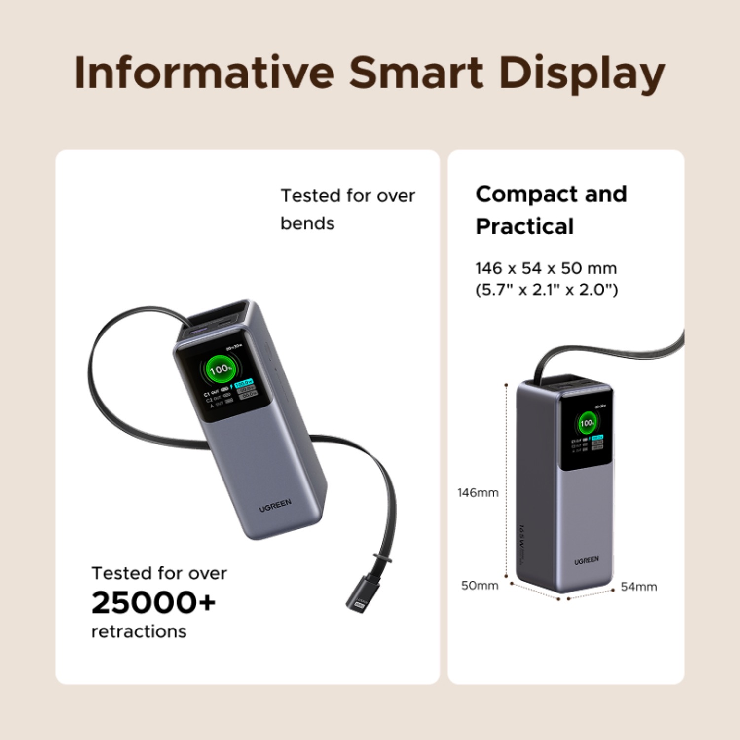 UGREEN Power Bank With Retractable Cable 165W - Grey - Image 155