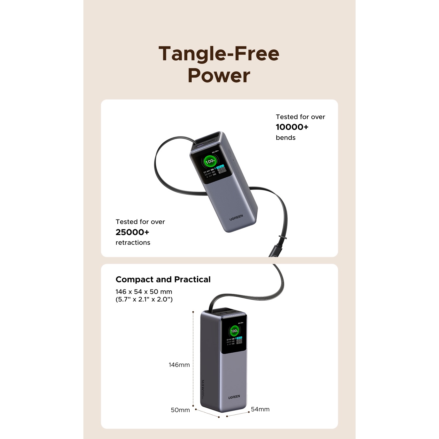 UGREEN Power Bank With Retractable Cable 165W - Grey - Image 156