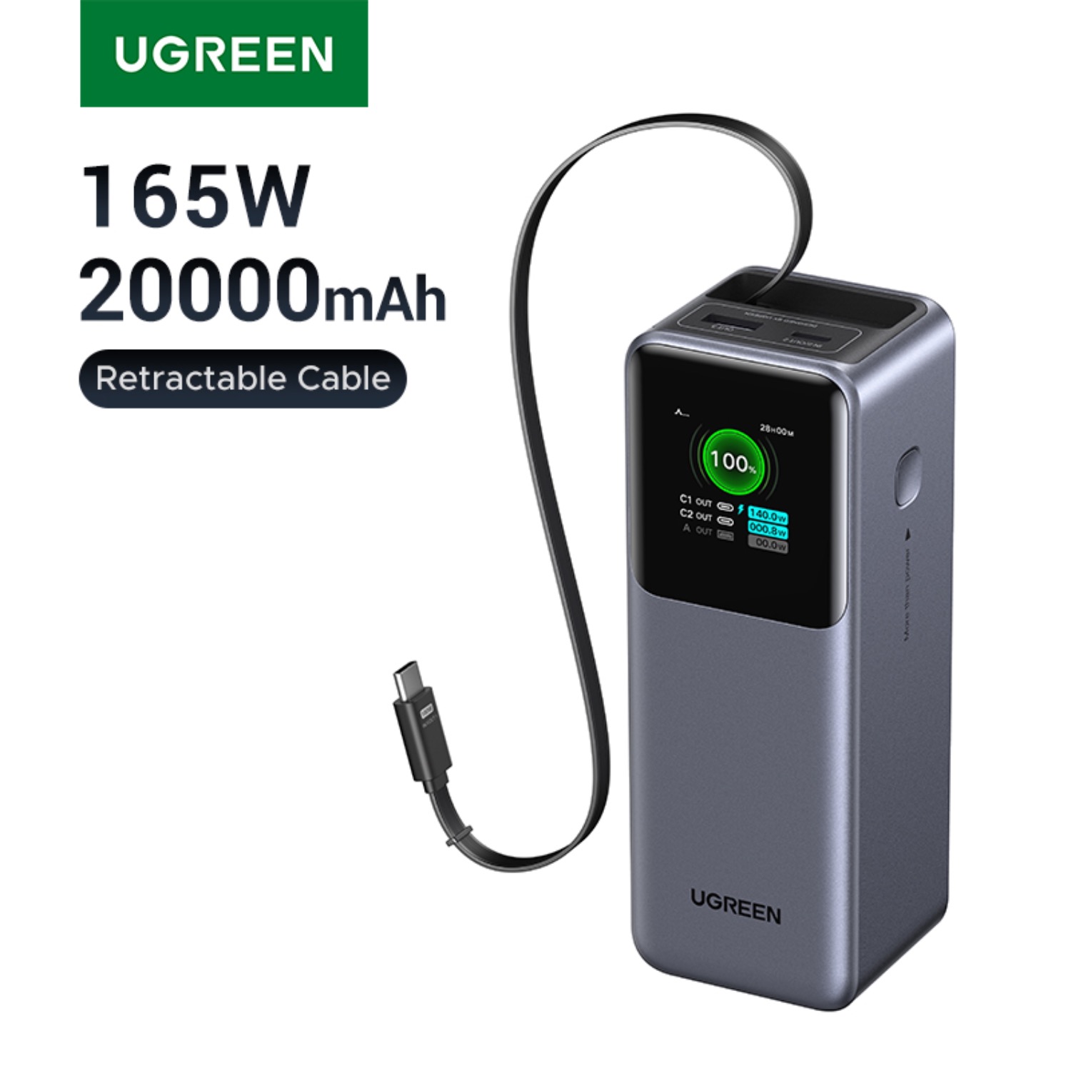 UGREEN Power Bank With Retractable Cable 165W - Grey - Image 161