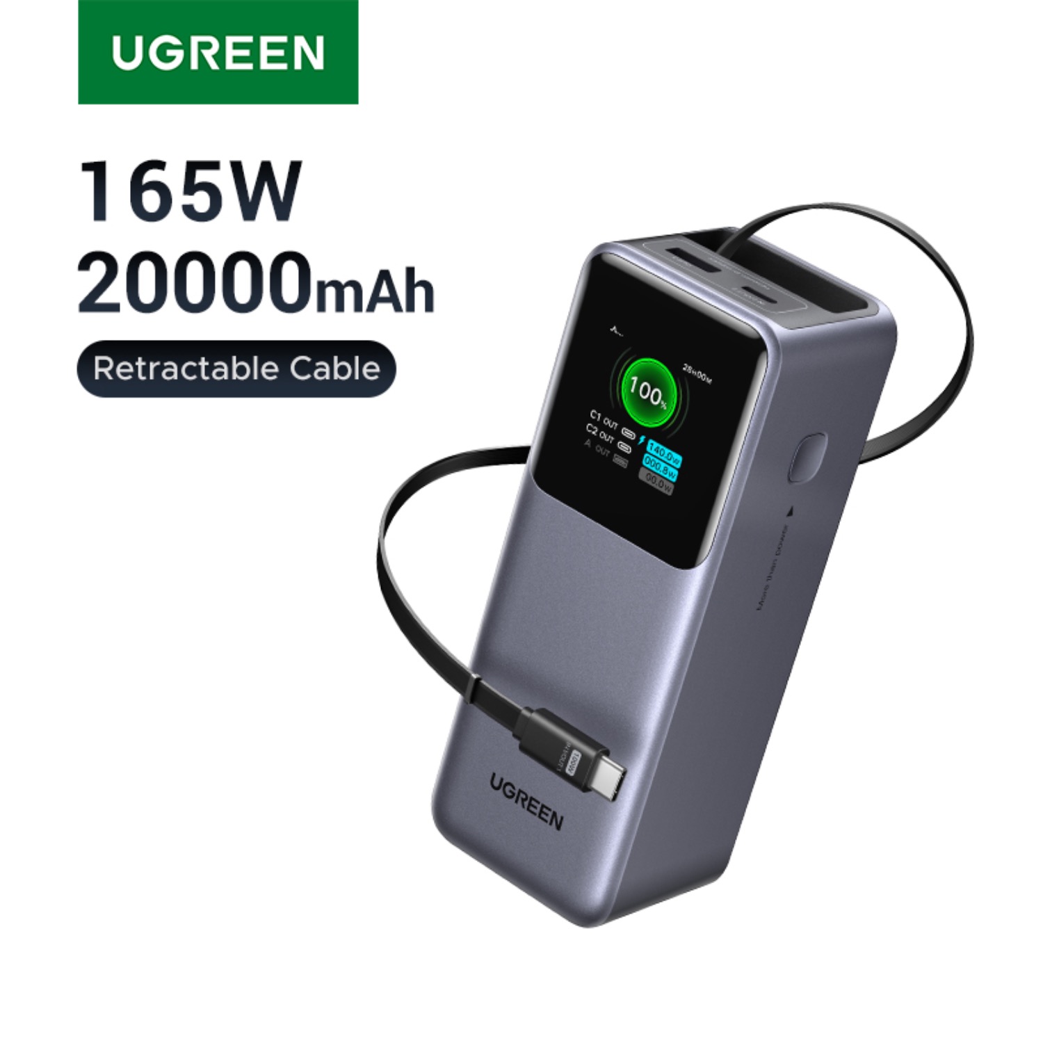 UGREEN Power Bank With Retractable Cable 165W - Grey - Image 160