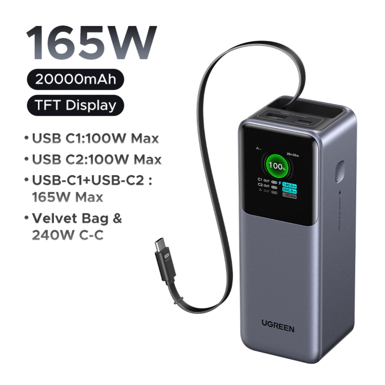 UGREEN Power Bank With Retractable Cable 165W - Grey - Image 158