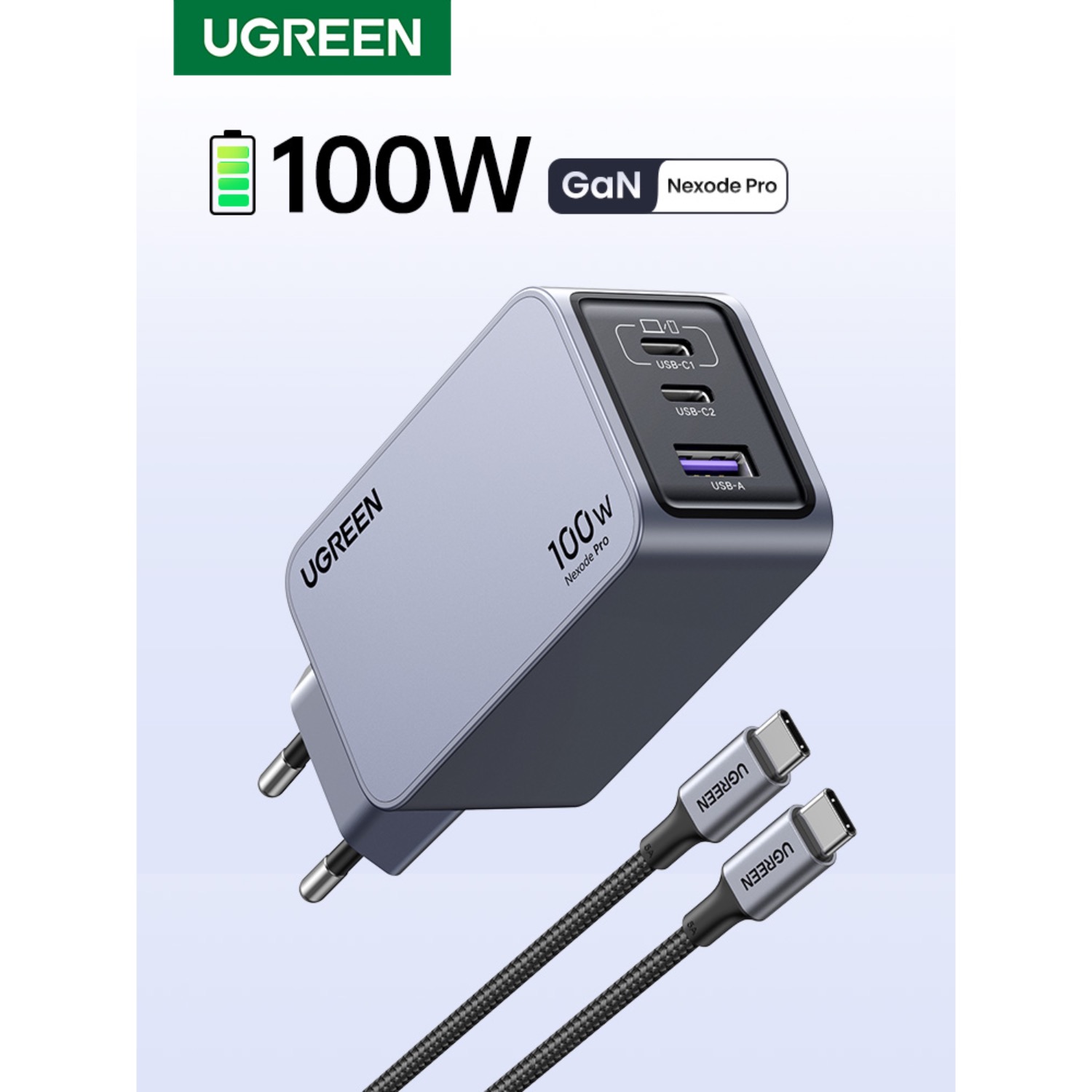 UGREEN 3 Port Wall Charger 100W With Cable - Grey - Image 4