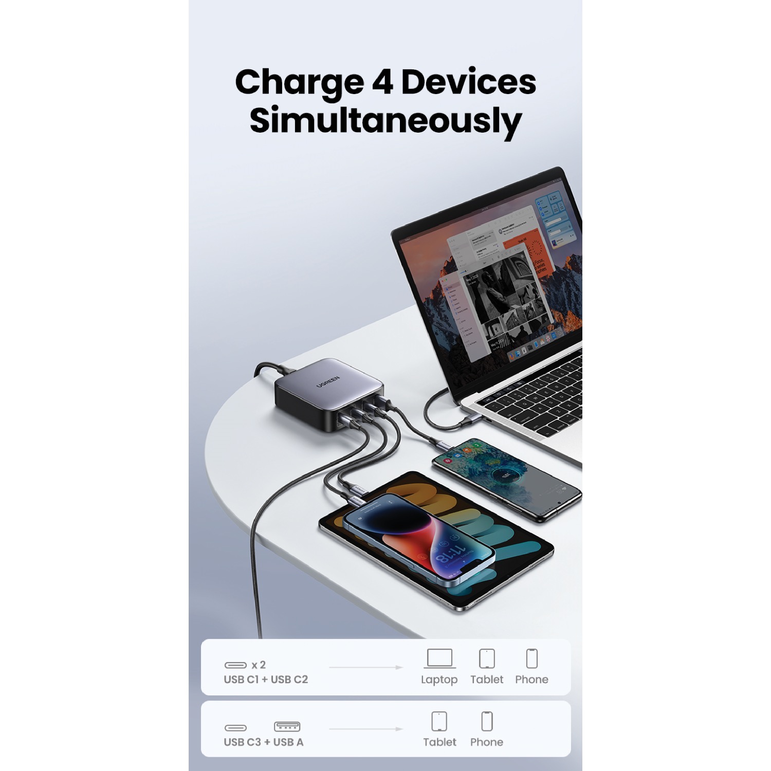 UGREEN 4 Port GaN Wall Charger With Cable - Grey - Image 21