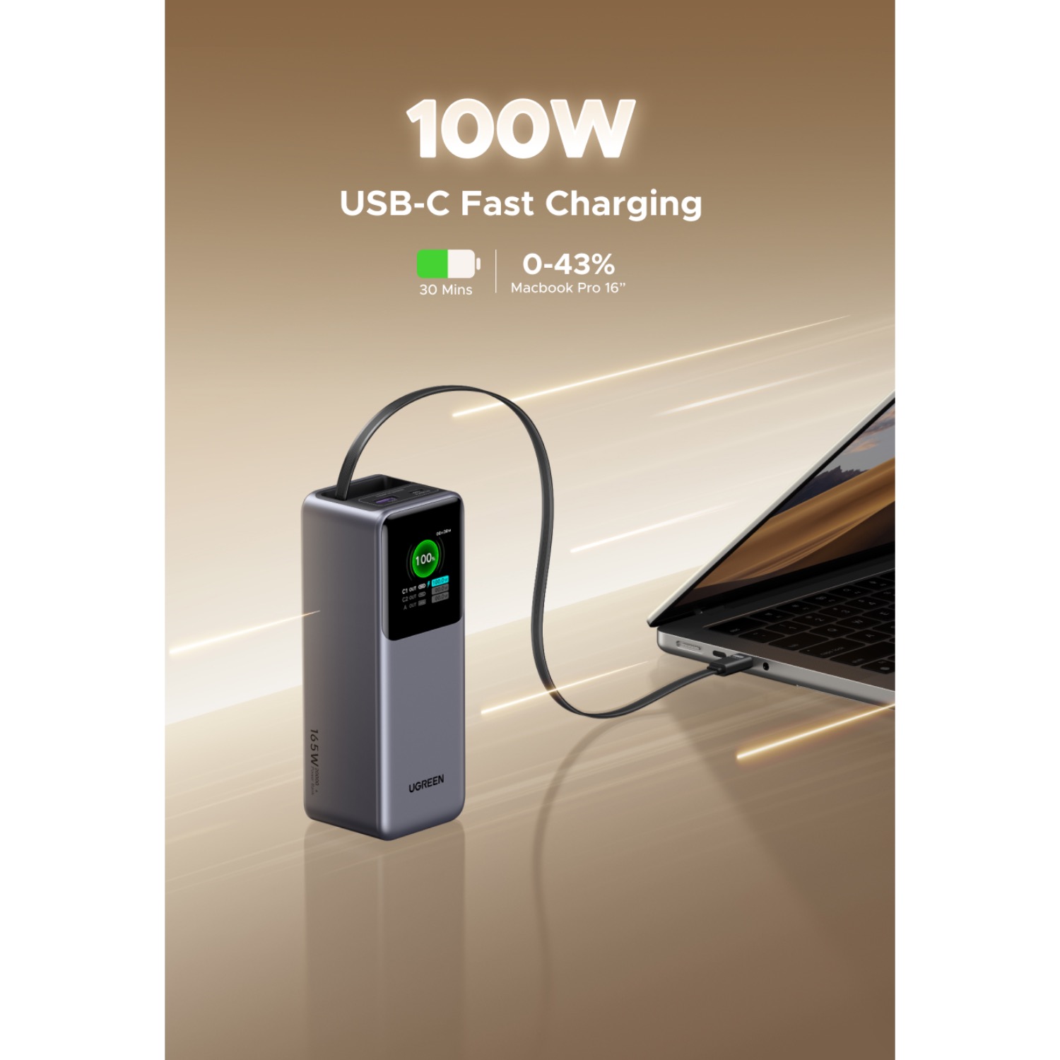 UGREEN Power Bank With Retractable Cable 165W - Grey - Image 163