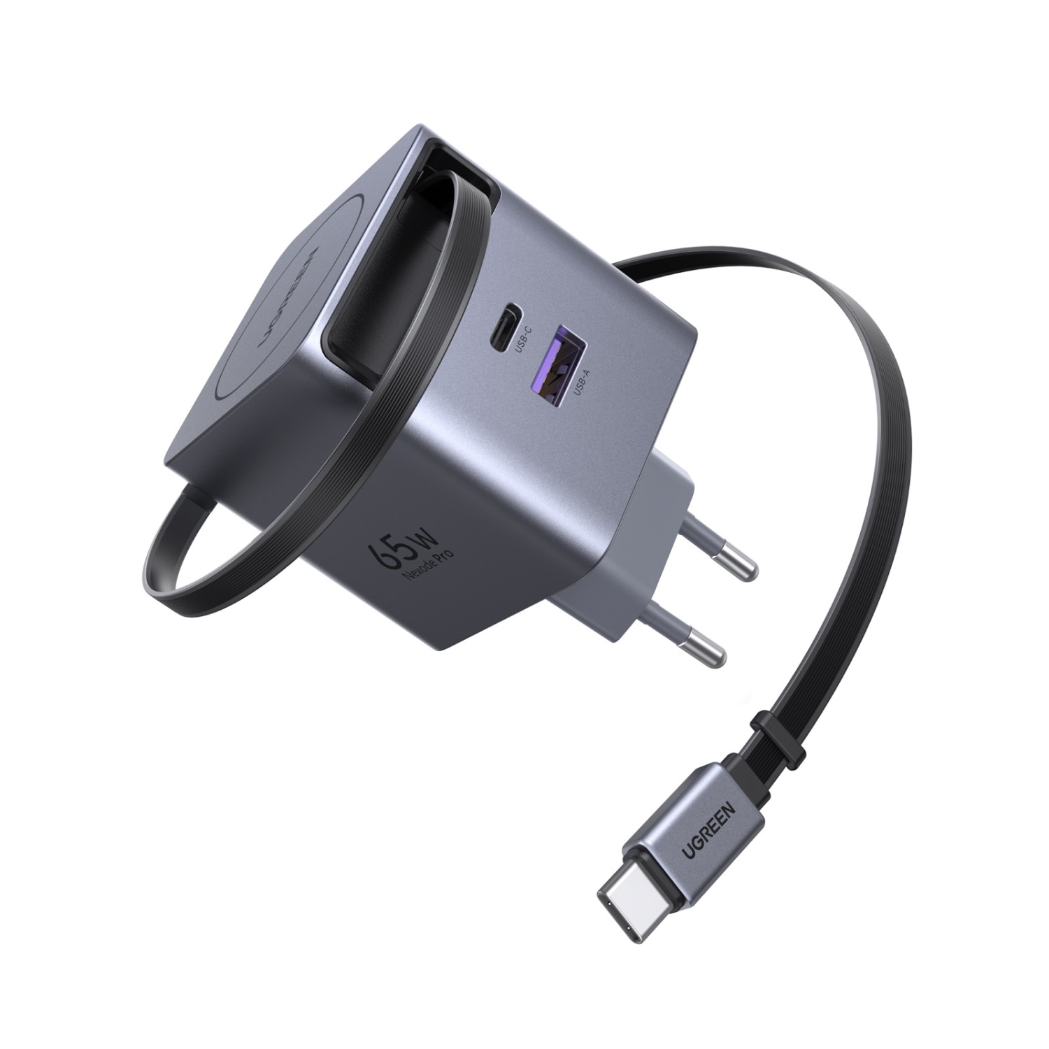 UGREEN 2 Port Wall Charger With Retractable Cable 65W - Grey - Image 3