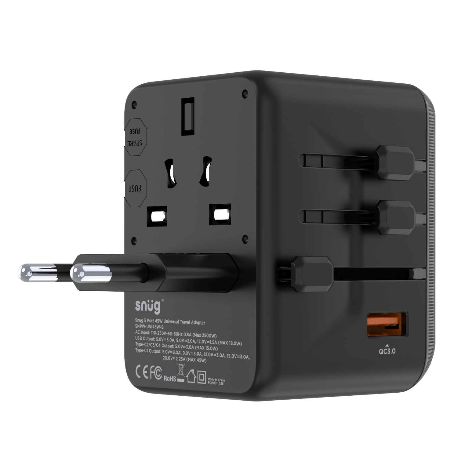 SNUG 5 Port Universal Travel Adapter - 45W - Black - Image 16