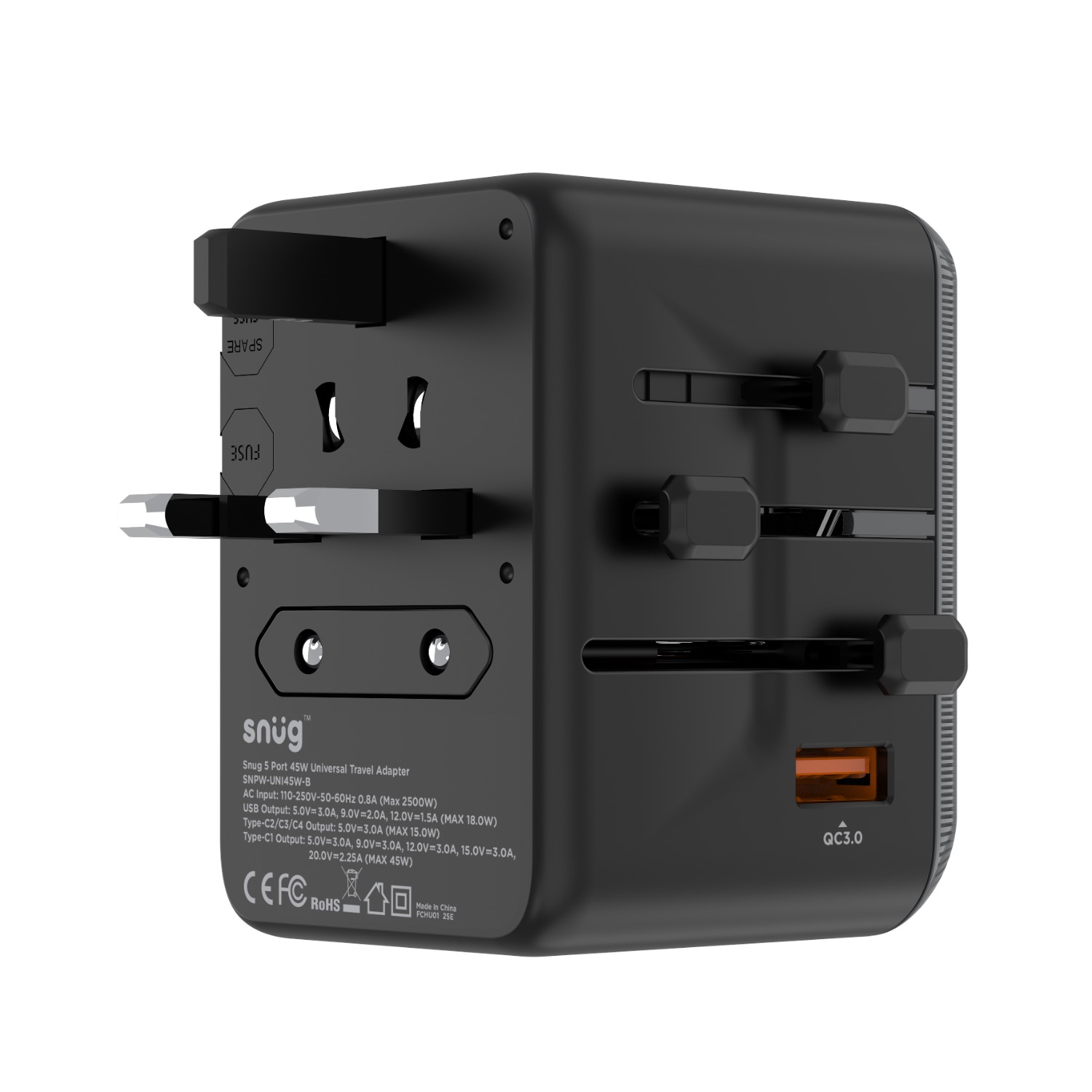 SNUG 5 Port Universal Travel Adapter - 45W - Black - Image 18