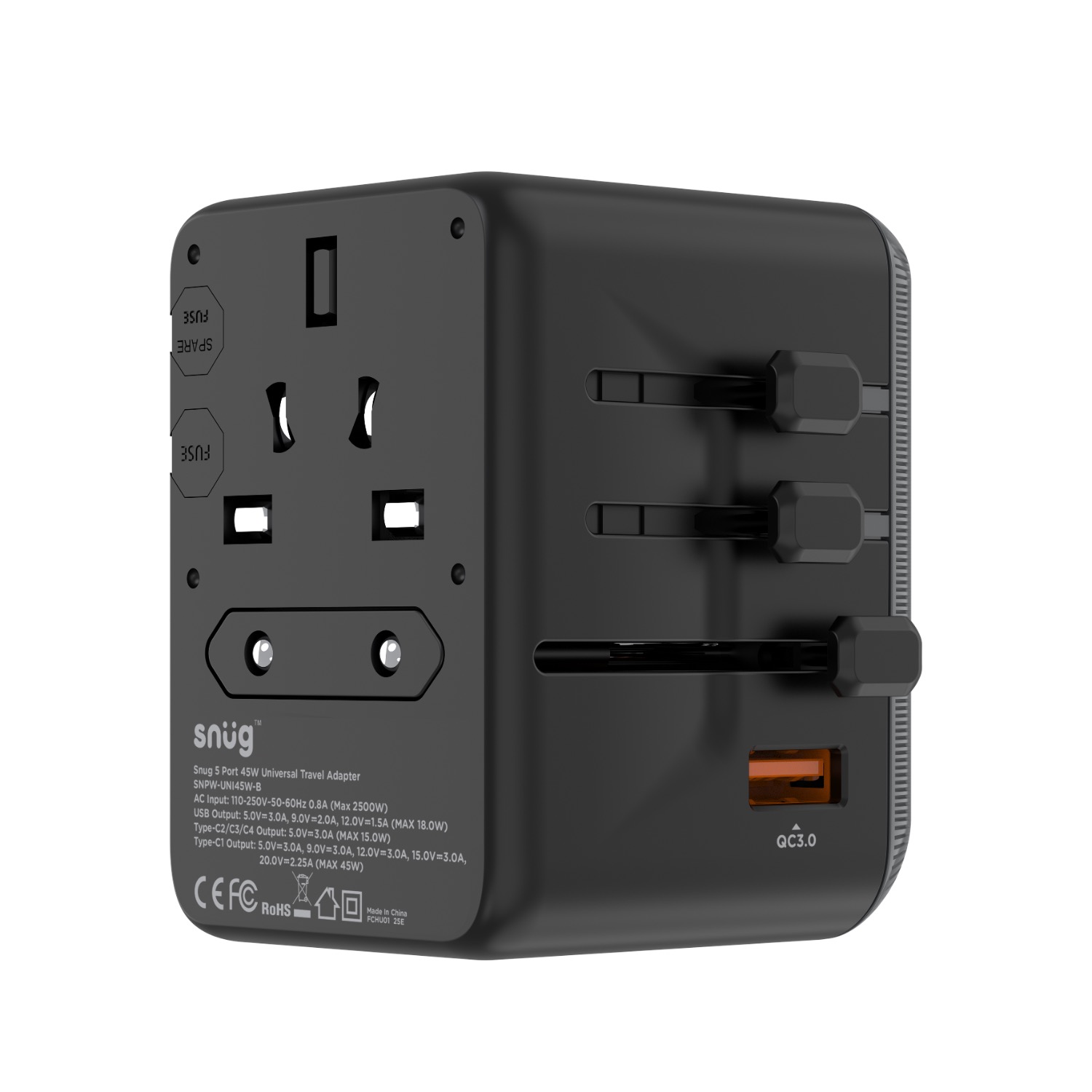 SNUG 5 Port Universal Travel Adapter - 45W - Black - Image 17
