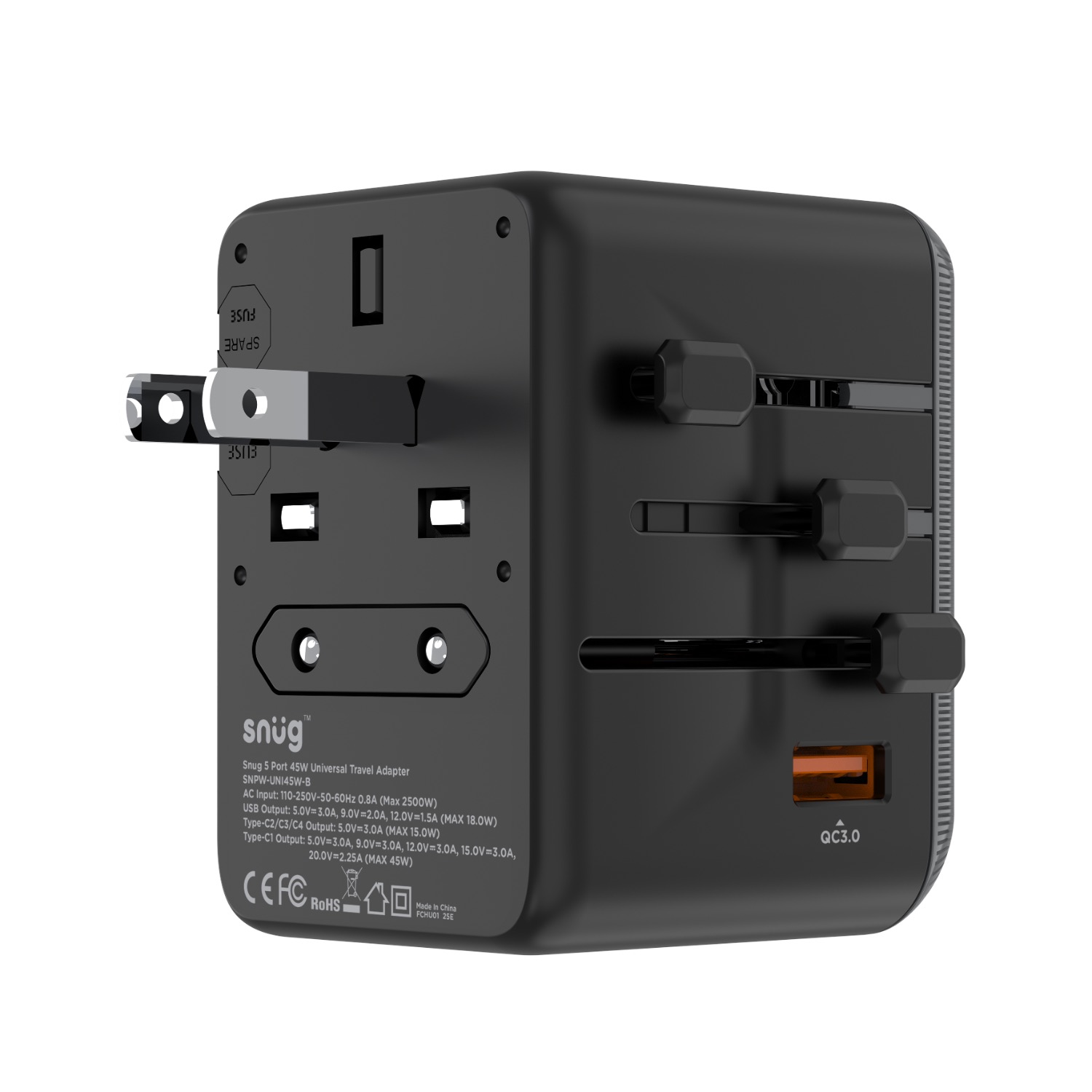 SNUG 5 Port Universal Travel Adapter - 45W - Black - Image 15